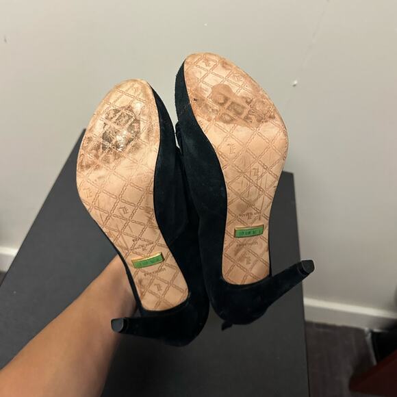 L.A.M.B Norland Black Suede Leather Stiletto Heels Gwen Stefani Ruffles Size 10 - Picture 12 of 14